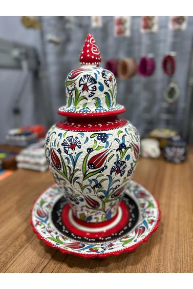 NATUREL Tabaklı Büyük Boy Şah Küpü 40 CM Lale Desenli Kütahya Çini ürün görseli 1
