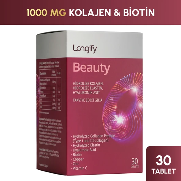 Beauty Hidrolize Kolajen Tip 1 ve Tip 3, Hidrolize Elastin, Hyaluronik Asit, Biotin, Vitamin C, Çinko, Bakır Takviye Edici Gıda 30 Tablet ürün görseli 1