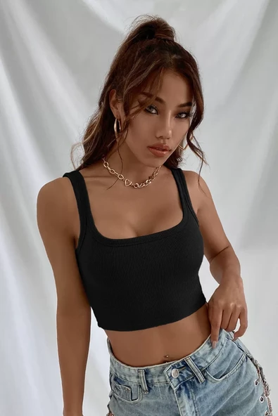Kadın Siyah Kalın Askılı Crop Top Büstiyer ürün görseli 1