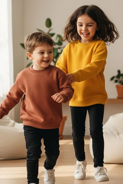2'Li Basic Şardonlu Çocuk Sweatshirt Hardal - Kahverengi - Resim 6