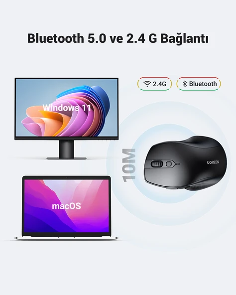 UGREEN Ergonomik Sessiz Çift Modlu Bluetooth & Wireless Kablosuz Mouse, Siyah, 90395 - Resim 4