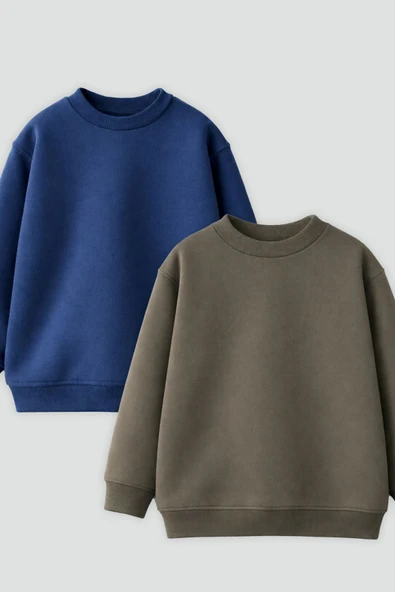 2'Li Basic Şardonlu Çocuk Sweatshirt Haki - Lacivert - Resim 8