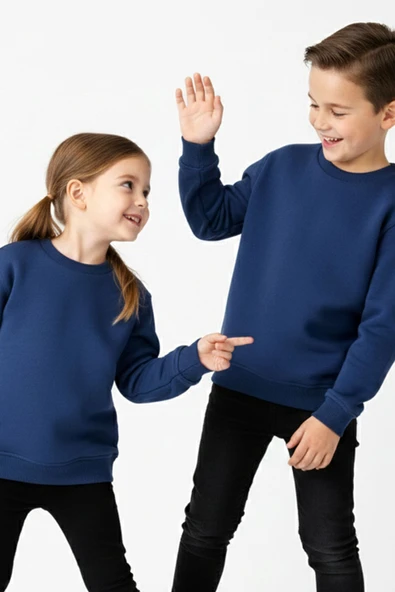 2'Li Basic Şardonlu Çocuk Sweatshirt Haki - Lacivert - Resim 3