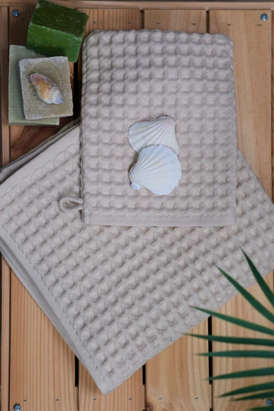 Dotamess %100 Pamuk Premium Pike Desenli 2’li Set Bej: Havlu 50x100cm El, Yüz Havlusu & 16x22cm Kese ürün görseli 1