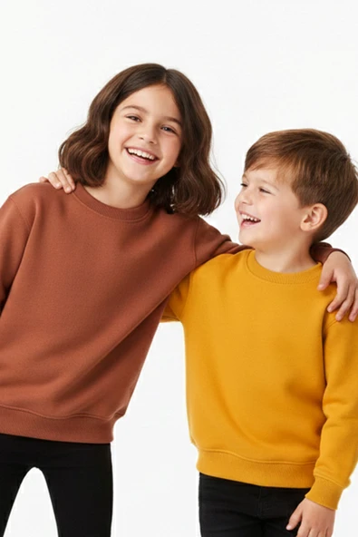 2'Li Basic Şardonlu Çocuk Sweatshirt Hardal - Kahverengi - Resim 3