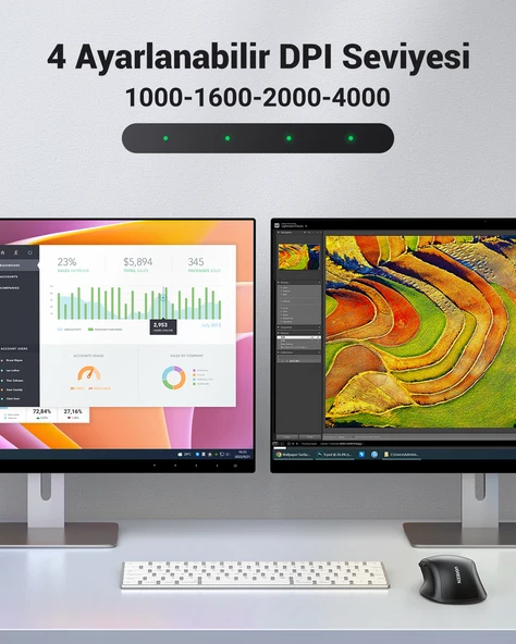 UGREEN Ergonomik Sessiz Çift Modlu Bluetooth & Wireless Kablosuz Mouse, Siyah, 90395 - Resim 6