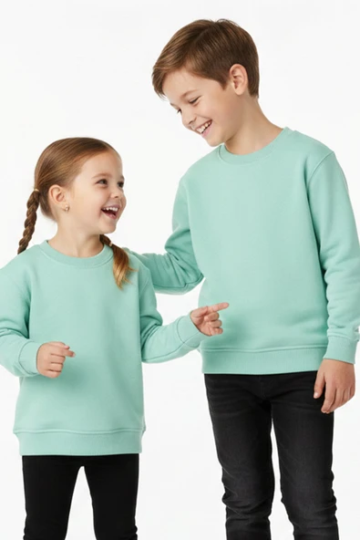 2'Li Basic Şardonlu Çocuk Sweatshirt Su Yeşili - Pudra - Resim 2