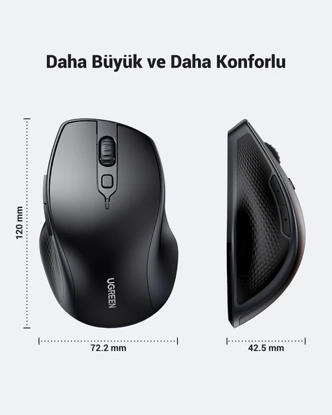 UGREEN Ergonomik Sessiz Çift Modlu Bluetooth & Wireless Kablosuz Mouse, Siyah, 90395 - Resim 2