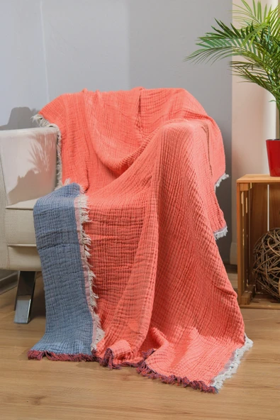 Dotamess Müslin 4 Katlı Koltuk Şalı Tv Battaniyesi 130 X 200 Cm Çift Renk Turuncu Anthrasit ürün görseli 1