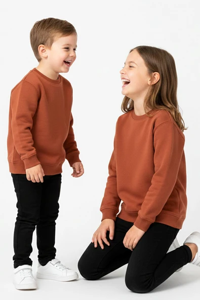 2'Li Basic Şardonlu Çocuk Sweatshirt Hardal - Kahverengi - Resim 5