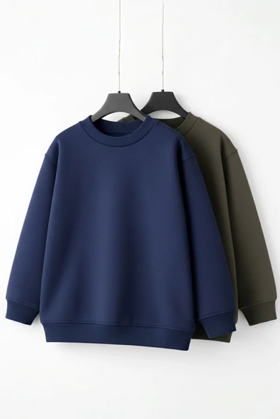 2'Li Basic Şardonlu Çocuk Sweatshirt Haki - Lacivert ürün görseli 1