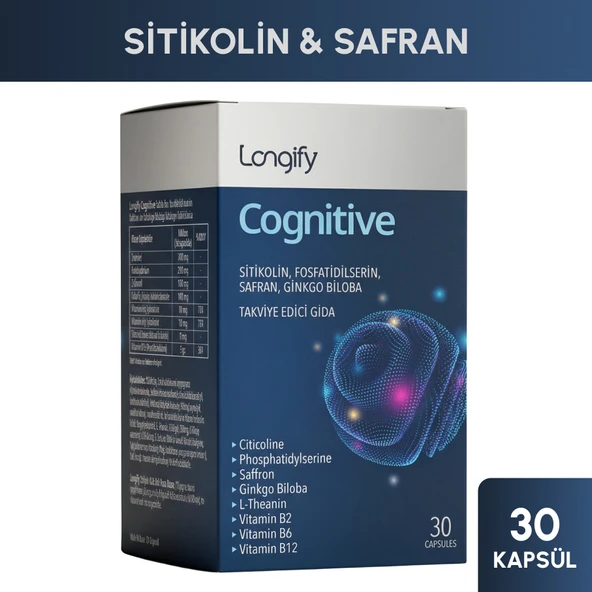 Longify Cognitive Sitikolin, Fosfatidilserin, Safran, Ginkgo Biloba, L-Teanin, B2, B6 ve B12 Takviye Edici Gıda 30 Kapsül ürün görseli 1