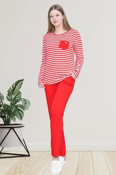 Mecit 6201 Kırmızı Çizgili Büyük Beden Kadın Pijama Takımı ürün görseli 1
