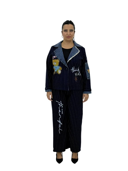 Büyük Beden Taş Boncuk İşlemeli Çizgili Denim Detaylı Beli Lastikli İkili Kadın Ceket Takım ürün görseli 1