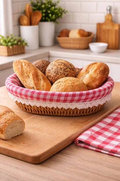 Şık Tasarımlı Oval Ekmeklik Rattan Pöti Kare Kumaşlı Ekmek Sepeti ürün görseli 1