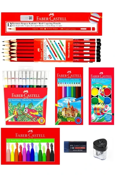 Faber Castell Faber-castell Mercanlı Kurşun Kalem Kırmızı Kalem Ve 12 Li Kuru Sulu Keçeli Pastel Boya ürün görseli 1