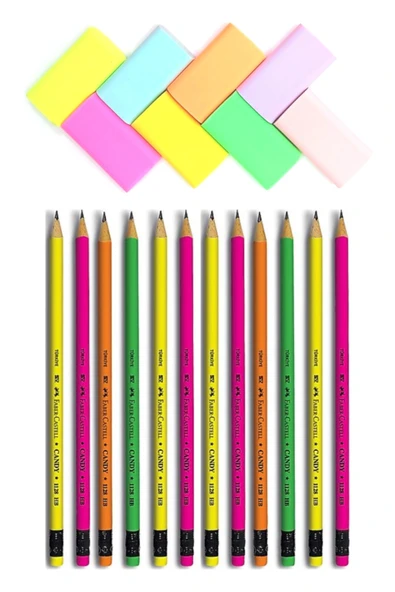 Faber Castell Candy Silgili Kurşun Kalem 12 Adet + 8'li Pastel Silgi Eğlenceli Yeni Tasarım Okul ürün görseli 1