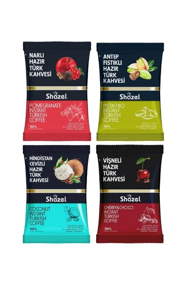 Shazel Hazır Türk Kahvesi Seti 100g X 4 Adet Hindistan Cevizi, Vişne, Nar, Antep Fıstıklı ürün görseli 1