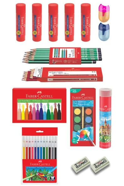 Faber Castell 15 Parça Okul Öğrenci Seti,Boyama Seti,Yazı Seti,Stick Yapıştırıcı,Silgi,Kalemtıraş Donanımlı Set ürün görseli 1