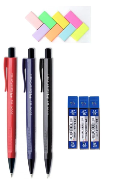 Faber Castell Econ Mekanik Uçlu Kalem 3 Adet+ 3 Adet 0.7 Uç+8 Adet Pastel Silgi 2022 Yeni Tasarım ürün görseli 1
