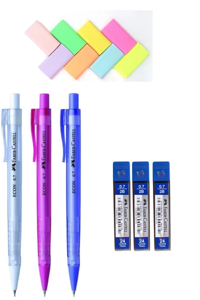 Faber Castell Econ 3 Adet Pastel Renkler Uçlu Kalem + 3 Adet 0.7 Uç + 8 Adet Pastel Silgi 2022 Yeni Tasarım ürün görseli 1