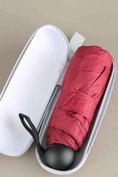 Taşıması Kolay Bordo Mini Şemsiye - Rüzgar Korumalı, Fermuarlı Kılıf ve Fiber Telli Yapı ürün görseli 1