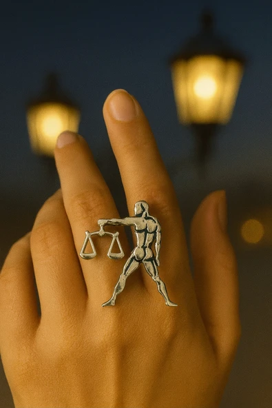Terazi Burcu Simgeli Unisex Ayarlanabilir Metal Yüzük ürün görseli 1