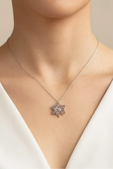 Gümüş Renk Pembe Lotus Çiçeği Kolye Paslanmaz Çelik Kolye - 3402 ürün görseli 1