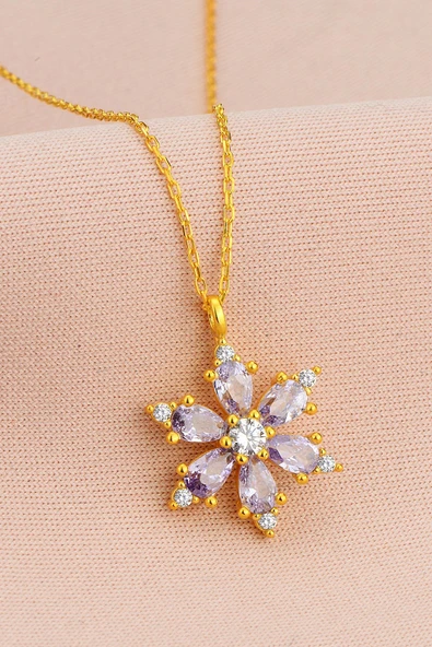 Altın Renk Lila Damla Taşlı Lotus Kamelya Çiçeği Çelik Kolye - 3415 ürün görseli 1