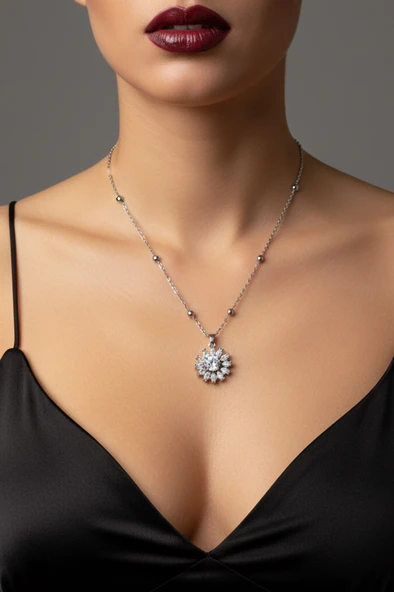 Gümüş Renk Yuvarlak Mekik Taşlı Model Top Zincir Çelik Kolye- 3766 ürün görseli 1
