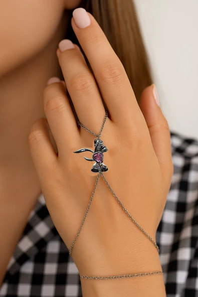 Gümüş Renk Pembe Taş Fiyonk Çelik Şahmeran - 3560 ürün görseli 1