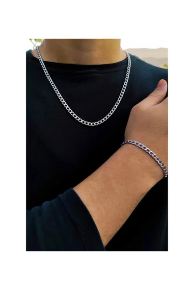 Gurmet Erkek Çelik Zincir Kolye Bileklik 2'li Set 4mm Gümüş ürün görseli 1