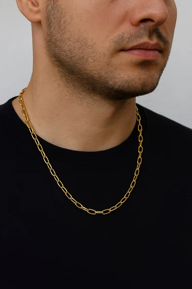 Altın Renk Oval Dikdörtgen Unisex Çelik Kolye - 3359 ürün görseli 1