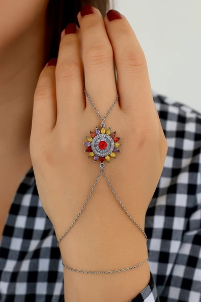 Gümüş Renk Yuvarlak Güneş  Mix Damla Taş Çelik Şahmeran - 3508 ürün görseli 1
