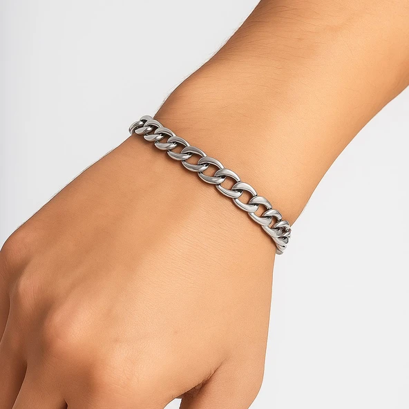 Gümüş Renk Cuban Kalın Unisex Erkek Metal Beyaz Çelik Zincir Çelik Bileklik- 2800 ürün görseli 1
