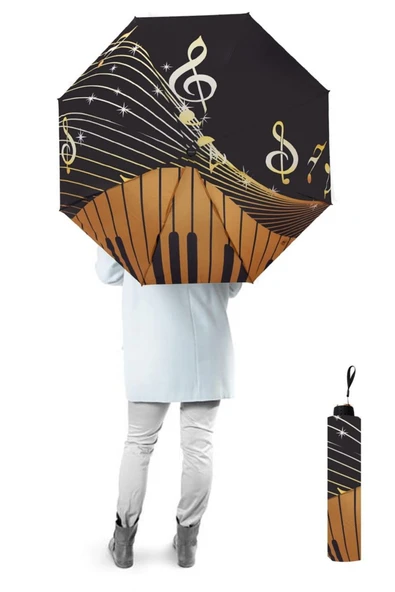 Kahverengi Müzik Desenli Yarasa Model 8 Telli Manuel Kadın Şemsiye | Sanatsal Model ürün görseli 1