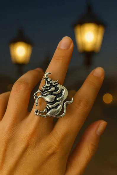 Boğa Burcu Simgeli Unisex Ayarlanabilir Metal Yüzük ürün görseli 1