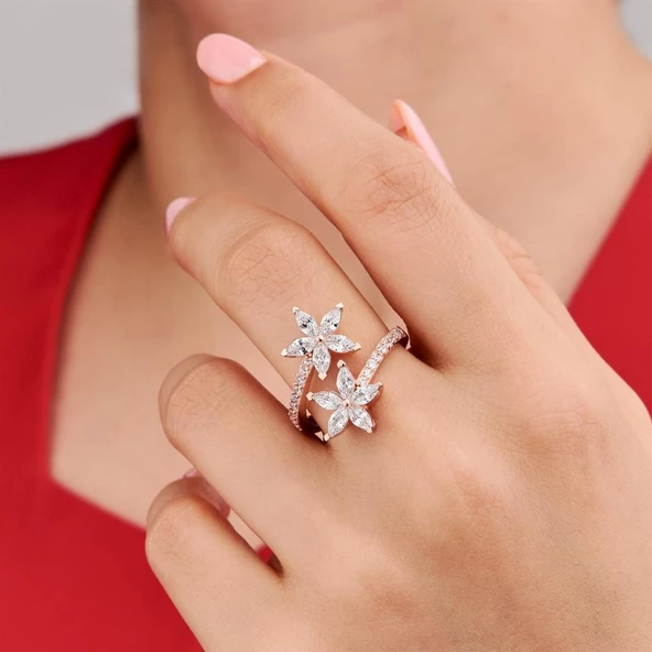 Rose Kaplama Beyaz Zirkon Taşlı Çiçek Motif Gümüş Bayan Yüzük ürün görseli 1