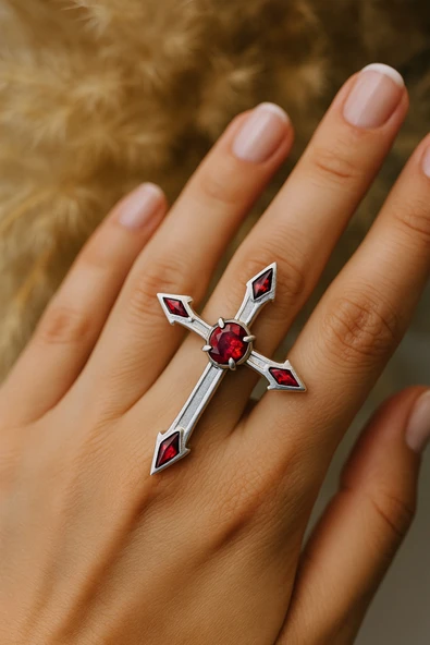 Kırmızı Noktalı Haç Yüzük – İnancın, Gücün ve Gotik Zarafetin Simgesi ürün görseli 1