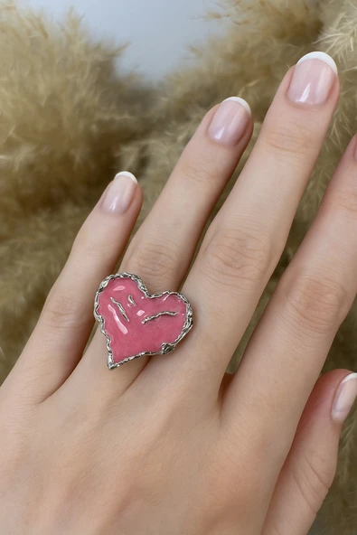 Pembe Kalp Figürlü Yüzük – Aşkın ve Zarafetin Simgesi, Ayarlanabilir Unisex Model ürün görseli 1