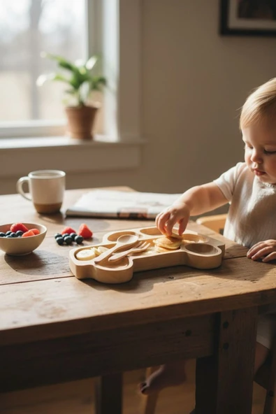 Araba Figürlü Bambu Bebek Mama Seti – Bölmeli Tabak + Kaşık Çatal Seti ürün görseli 1