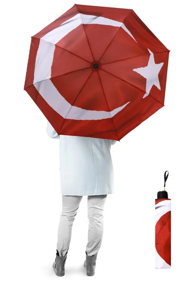 Türk Bayrağı Canlı Renk Baskılı Katlanabilir 8 Telli Manuel Şemsiye | Rüzgara Dayanıklı Model ürün görseli 1