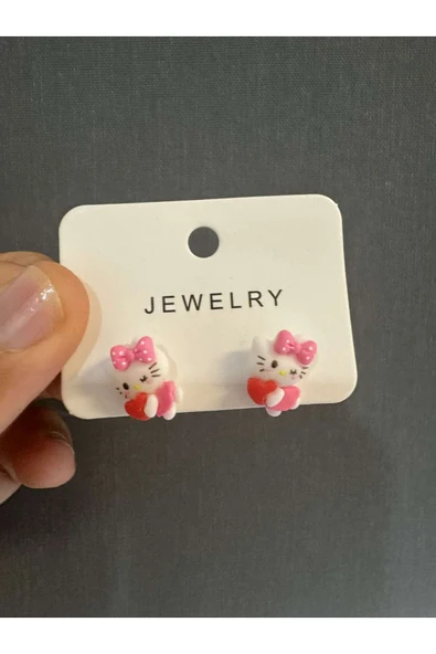 Hello Kitty Çocuk Kalp Temalı Küpe - Resim 2