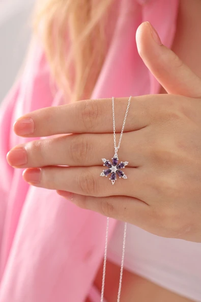 Gümüş Renk Mor Damla Taşlı Lotus Kamelya Çiçeği Çelik Kolye - 3417 ürün görseli 1