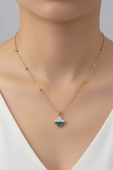 Altın Renk Van Cleef Yonca Taşlı Altı Sedef Model Top Zincir Çelik Kolye- 3705 ürün görseli 1