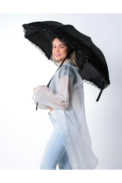Taşıma Çantalı Siyah Kadın Şemsiye - Dantelli, Şık ve Romantik Model ürün görseli 1