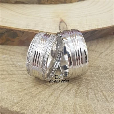Çizgi Desenli Çift Gümüş Alyans - Resim 8