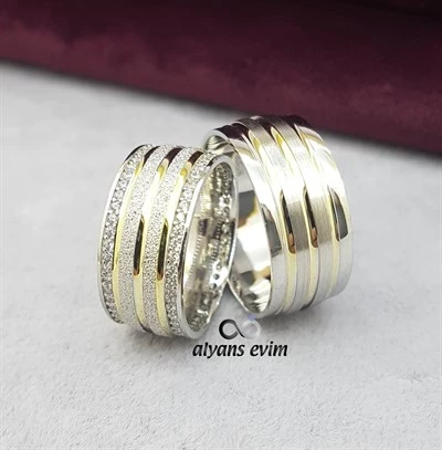 Çizgi Desenli Çift Gümüş Alyans - Resim 6