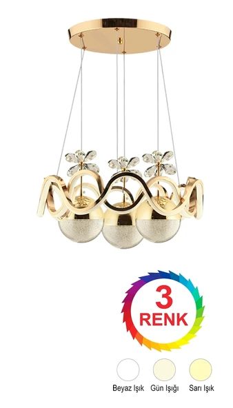 Alyans Gold Renkli 3'lü Toplu 3 Renk Kumandalı Modern Ledli Avize ürün görseli 1