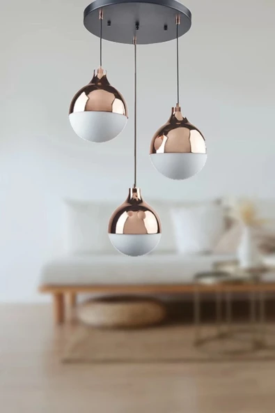 Modern Üçlü Sarkıt Retro Bakır Renk Beyaz Camlı Salon Avize ürün görseli 1